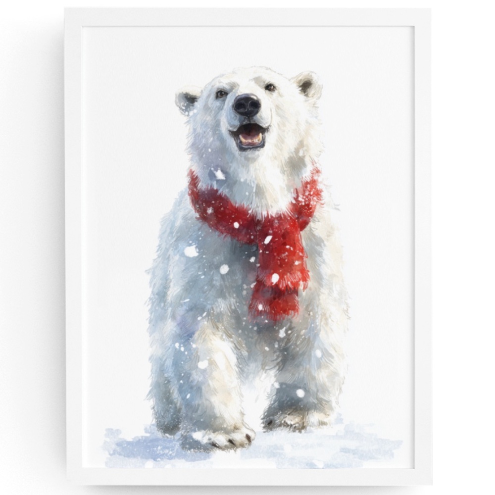 Watercolor Polar Bear with Red Scarf Portrait Wall Art Print Poster, Unframed